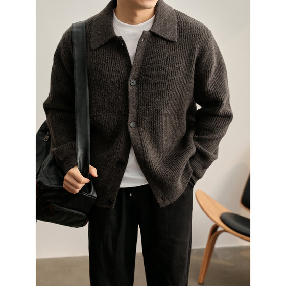 
LUUD Lazy Wind Pit Strip Texture Lapel Knitted Cardigan Sweater Men's Autumn and Winter Simple Cleanfit Jacket