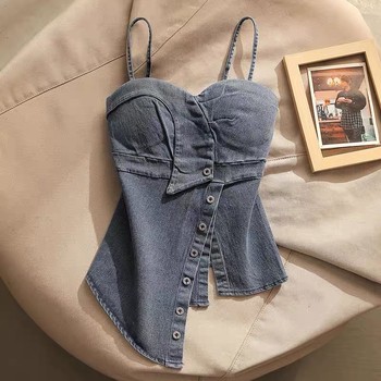 Slim hot girl denim top with breast pad in summer