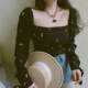 Large size women's fat mm spring and summer French retro black square collar fruit printed shirt top short chiffon shirt
