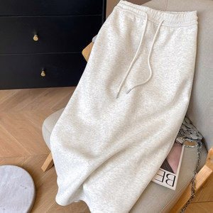 
Little C home solid color straight skirt for women 2025 new autumn lace-up high waist sweatshirt draped midi skirt