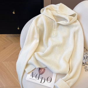 
Xiao C home half-breasted hooded pullover sweater for women 2025 new autumn loose pure wool sweater top