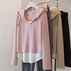 Plus-Size Women's Autumn Outfit, Fake Two-Piece Hooded Sweatshirt, 2025 New Style, Slimming for Fat Women, Regular Shoulder, Irregular Casual Top