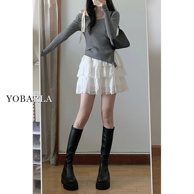 White lace puff cake short skirt Female summer new large size fat mm high waist high waist thin small A -line skirt