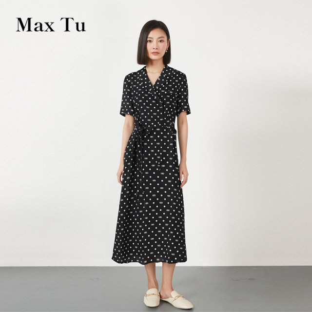 Max Tu women's clothing 2025 summer new loose large size waist-hugging slim print V-neck chiffon short-sleeved dress
