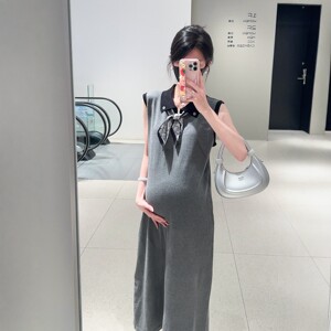 HAIDE mommy maternity dress simple casual loose retro contrasting color high elastic polo vest knitted maternity skirt