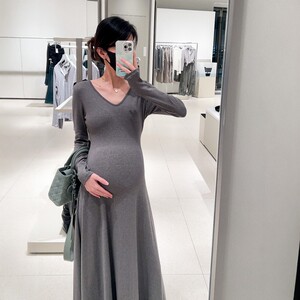
Hyde mommy maternity dress simple French high-end slim solid color big neckline big skirt hem base dress
