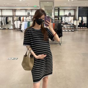 
HAIDE mommy maternity dress summer small fragrance casual gentle simple loose thin striped short-sleeved knitted skirt for women
