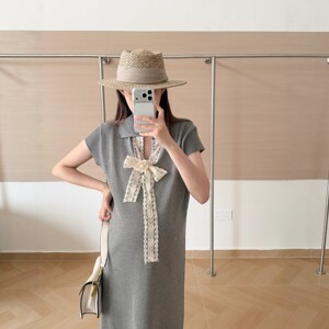 
HAIDE mommy maternity wear Korean style gentle and stylish slimming sweet little fragrant hot mom lapel short-sleeved knitted skirt