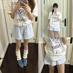 Blue Embroidered Striped Shorts for Women, Summer Thin High-Waisted Loose Wide-Leg Slimming Korean Style Casual Sports Three-Quarter Pants
