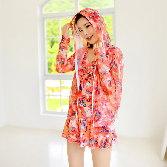 
2026 New Swimsuit Women's Slightly Fat Covering Body and Slimming Hooded Swimsuit Split Two-piece Zipper Cover-up Seaside Swimsuit