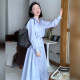 2025 new women's skirt French long-sleeved Polo collar blue casual striped waist-hugging shirt dress 6742