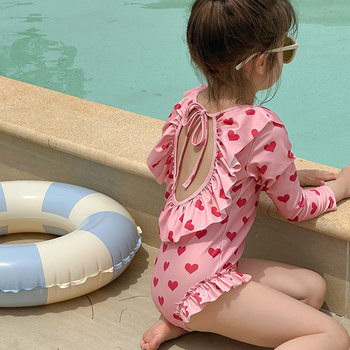 
Girls one-piece swimsuit summer cute children's long-sleeved sun protection swimsuit 2025 new girl beach beach and seaside swimsuit