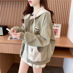 Color-Block Casual Cardigan Jacket for Women, Spring and Autumn 2026 New Style, Hooded, Loose Fit, Petite, Early Autumn Thin Sweatshirt, Trendy