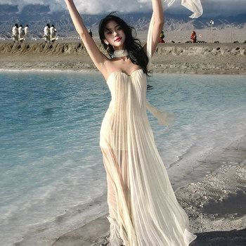 ໂບຝຣັ່ງຊັ້ນສູງວັນພັກຫາດຊາຍທໍ່ຮູບພາບເທິງສຸດ dress ສໍາລັບແມ່ຍິງ resort ແບບ pleated ຊຸດຕອນແລງການລ້ຽງ