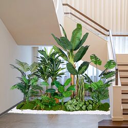 Simulated Green Plant Combination Landscaping under the Stairs, Tropical Artificial Plant Landscape, Artificial Trees, Indoor Potted Plant Decorations