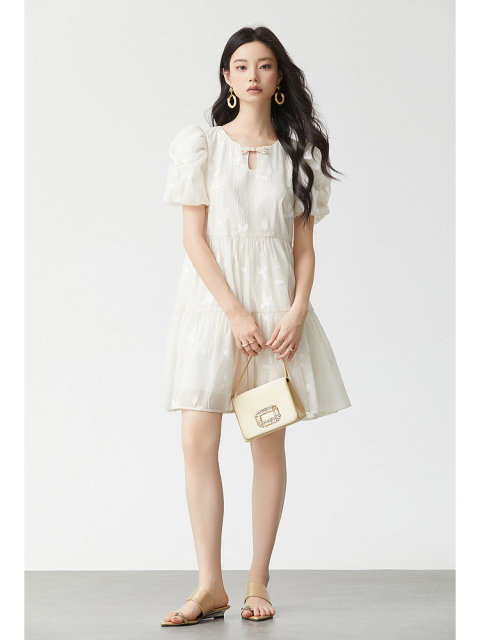 Aike puff sleeve dress 2024 summer French sweet bow with flowers jacquard waist-hugging A-line skirt