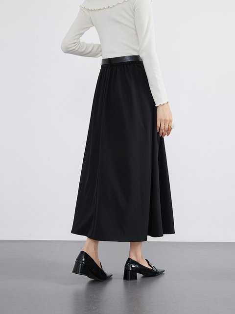 Aike black skirt for women 2025 spring commuter style pleated skirt high waist slim solid color mid-length A-line skirt
