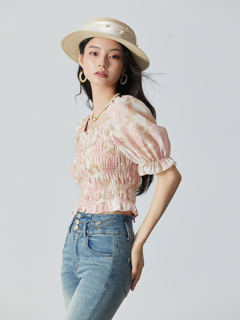 Aike square collar shirt for women 2024 summer French sweet and fresh slim short top puff sleeve floral shirt
