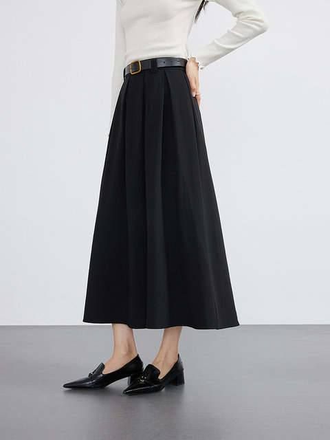 Aike black skirt for women 2025 spring commuter style pleated skirt high waist slim solid color mid-length A-line skirt
