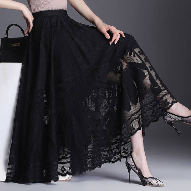 Lace skirt for women 2021 new popular versatile A-line midi skirt for large mesh hollow fairy pleated skirt