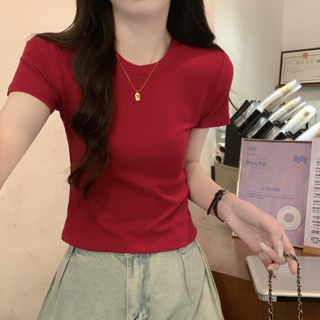 Women's short-sleeved summer high-end round neck slim slim short-waisted navel top
