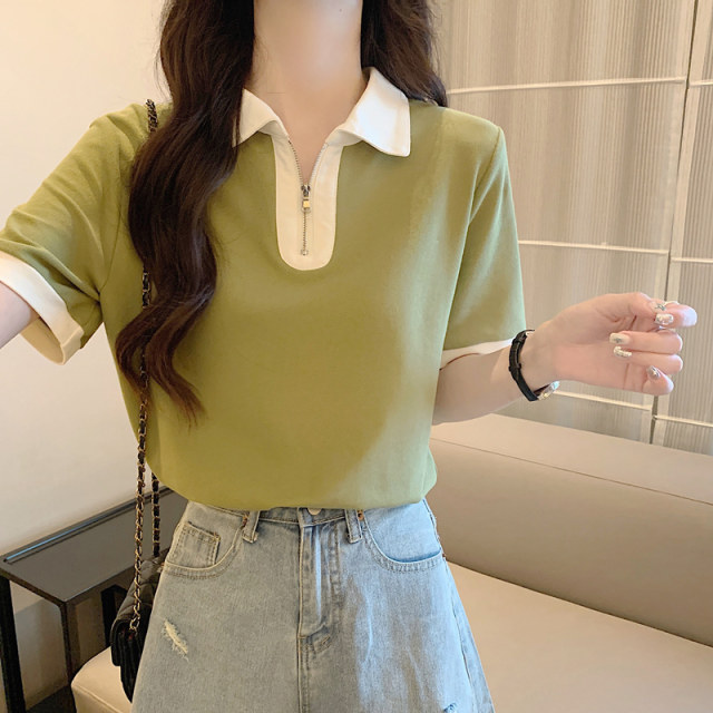 Women's short-sleeved summer polo collar versatile loose slim design niche half-sleeved top
