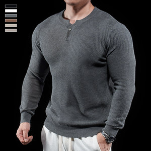 
Domineering muscles Men's Henry Long Sleeve Round Neck Casual Knitted Sweater All-match Pullover Base Shirt Slim Sweater