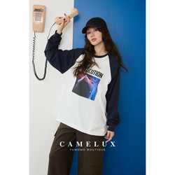 【Camelux Line】American-Style Basic T-Shirt 100% Cotton Knit Color-Blocked Raglan Sleeves Letter Print T-Shirt Base Layer