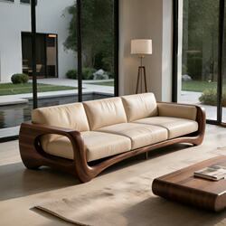 New Chinese-Style Solid Wood Sofa for Small Living Rooms, with Mortise and Tenon Structure, Black Walnut Wood, Leather Upholstery, Three-Seater Straight-Row Sofa