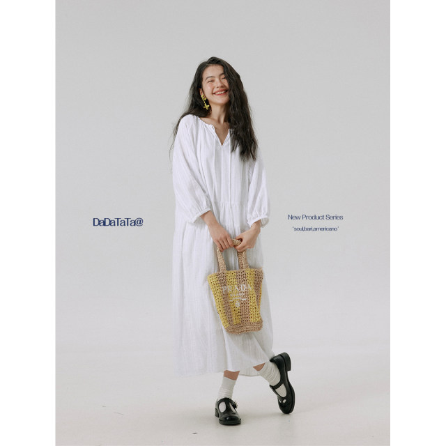 Jinggu white label DADATATA100 cotton V-neck drawstring fat mm large size beautiful dress
