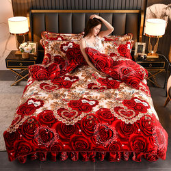 Milk Velvet Four-Piece Set, Coral Velvet Duvet Cover, Bed Sheet, Fleece-Lined, Thickened, Double-Sided Velvet, Flannel Bedding, Bed Skirt Style
