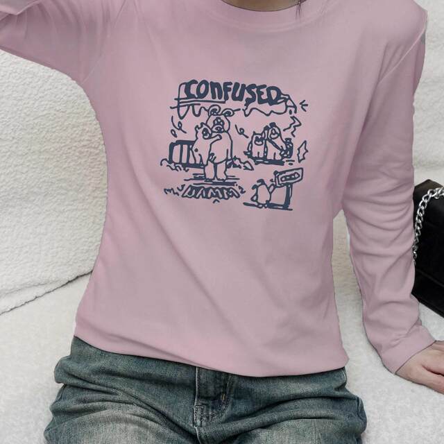 Round neck pure cotton t-shirt for girls purple cartoon pig slim fit oversize long-sleeved top for women