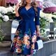 Quick selling the commute OL wind suit collar blue printed strap waist seven -point sleeve mid -length dress Dress