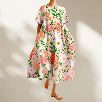 European large-size women's round neck floral pattern loose fashionable casual mid-length short-sleeved dress trendy DRESS