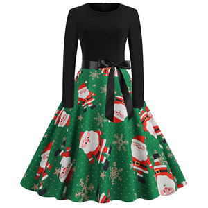 Autumn new women's European and American wind printing round collar long sleeve dress Christmas evening dress high waist A -line skirt
