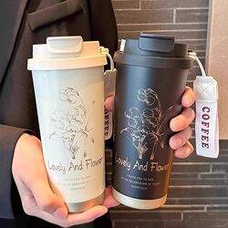 New Lily-Of-The-Valley Insulated Cup, Cold-Keeping Stainless Steel Double-Drink Coffee Cup, Large-Capacity, High-Appearance Straw Water Cup for Girls