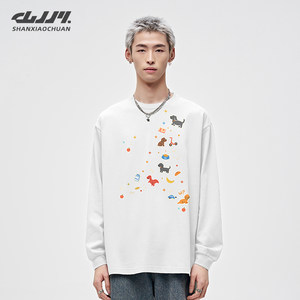 
Shan Xiaochuan puppy sticker long-sleeved T-shirt men's autumn round neck loose cotton cartoon boys' tops bottoming shirt