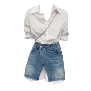 
Large size fat MM Korean lapel shirt top for women's summer new high-waist irregular denim skirt two-piece set