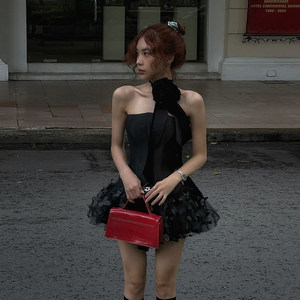 
Griffin girl French black swan lace butterfly decorated strapless dress for women Backless high waist fluffy skirt