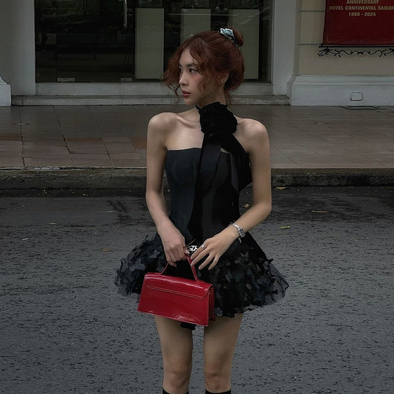 
Griffin girl French black swan lace butterfly decorated strapless dress for women Backless high waist fluffy skirt