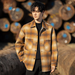
Houndstooth plaid shirt-style woolen coat double-sided woolen men's wool short coat autumn and winter casual new top