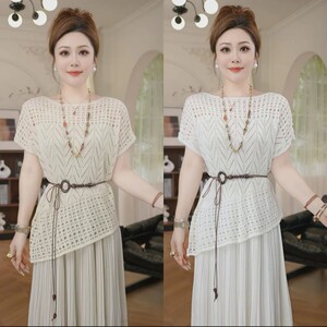 Short-sleeved one-shoulder hollow knitted blouse for women in spring and summer, thin and lazy design, versatile long-sleeved top