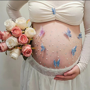 
Pregnant women photos at home selfie stickers atmosphere niche design dreamy blue butterfly stickers decorate pregnancy belly stickers