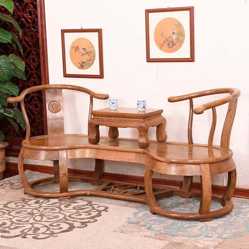 曦轩阁红木家具鸡翅木情人椅圈椅二人座实木双人椅新中式靠背椅子