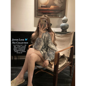 NSS Collection DI0R opening animal print embroidered shirt design revealing shoulder A -line dress
