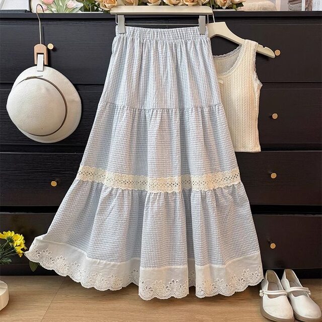 Fat mm Extra Large Size 300 Jin [Jin equals 0.5 kg] Sweet lace spliced ​​contrasting skirt for women loose high waist mid-length cake skirt 2