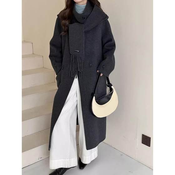 
Korean double-sided cashmere coat for women mid-length 2025 autumn and winter new loose slim scarf neck wool jacket