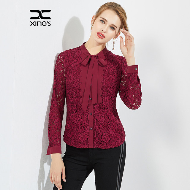 Xing's women's clothing spring and autumn new black lace commuting shirt women's long-sleeved hollow top bow tie shirt