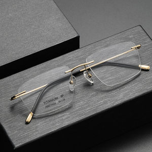 
Pure titanium rimless myopia glasses for men and women, business men and women, elegant, large face, gold wire, high number, flat light, anti-blue light frame