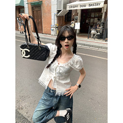 Pepe's Sweet Style Lace-Trimmed Tie-Up Short-Sleeve Shirt for Women, New Summer Trendy Blouse, Slimming and Unique Top